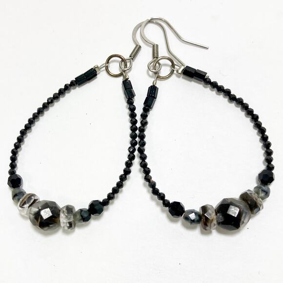 Fire polished black crystal earrings in Swarovski beaded teardrop loop dangle - Picture 1 of 4